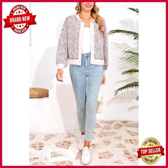 Leopard Print Cropped Cardigan Sweater Button Front Long Sleeve Crewneck Y2K - Picture 6 of 7